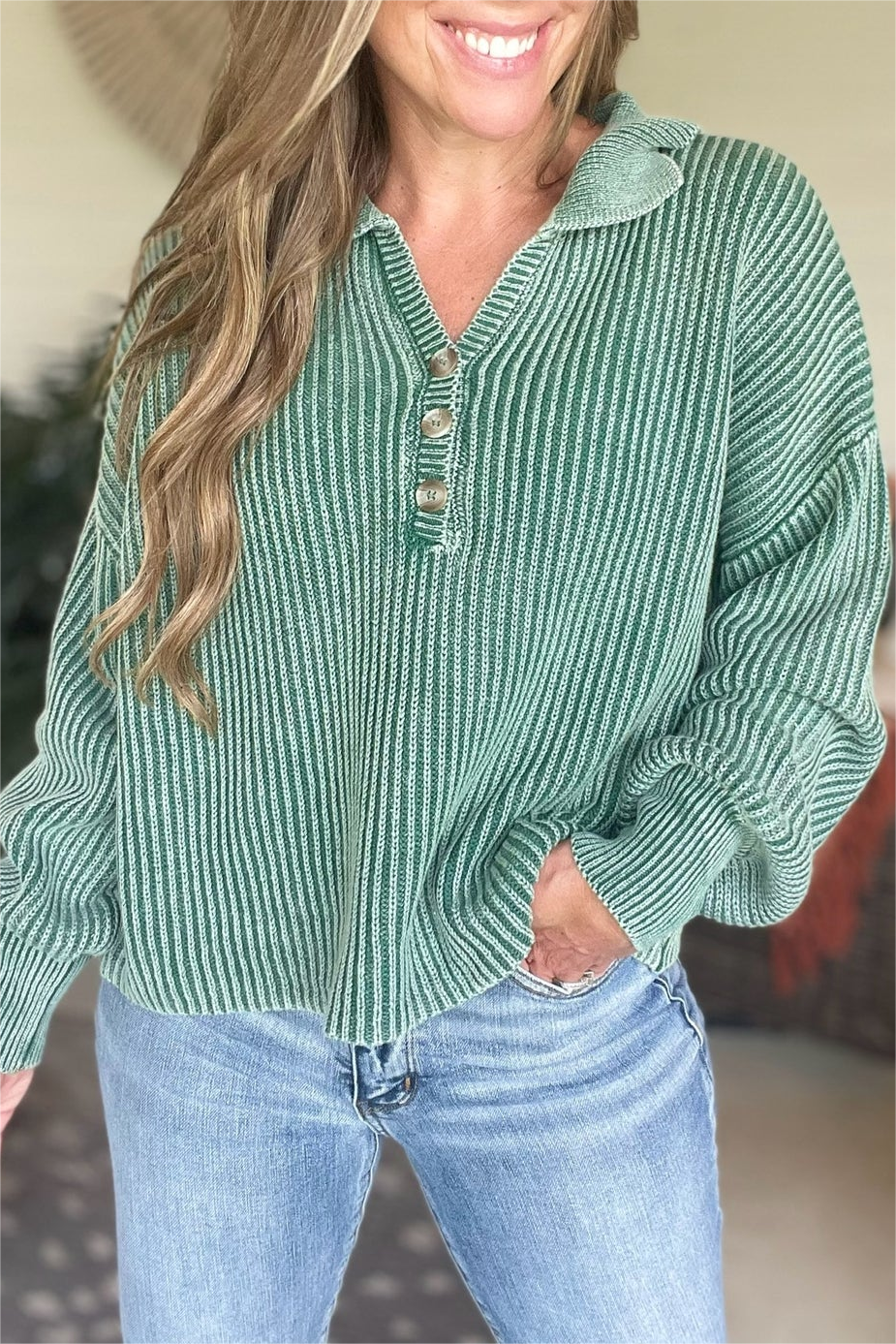 Washed Collared Henley Sweater