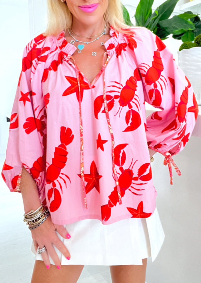 Adjustable Sleeves Lobster And Starfish Print Top