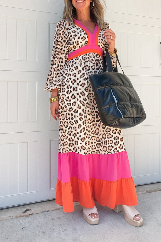 Leopard ColorBlock V Neck Maxi Dress