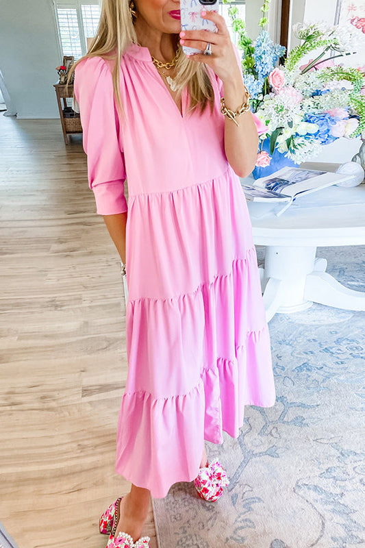 Pink Three-Quarter Sleeve MIDI Dress