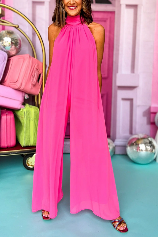 Halter Neck Tie Back Sleeveless Wide Leg Jumpsuit