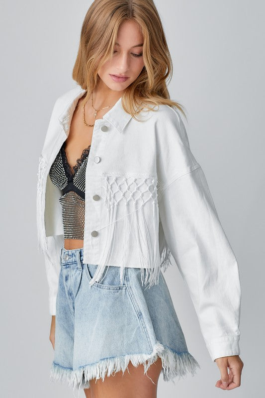 Arissa Howdy Fringe Denim Jacket - White